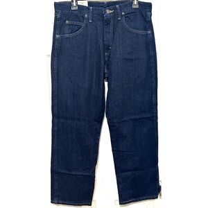 Wrangler Jeans Mens 34x29 Dark Blue Relaxed Fit Denim Pants Rugged Workwear NEW